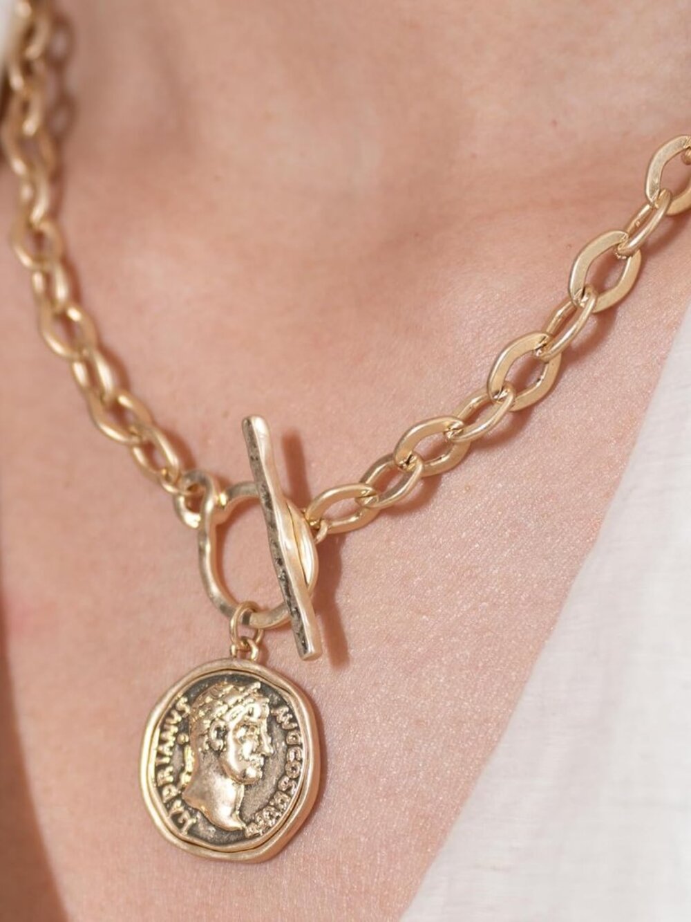 Chunky Coin Antique Gold Plated Thick Link Chain Layered Pendant Necklace for Wo - Picture 3 of 7